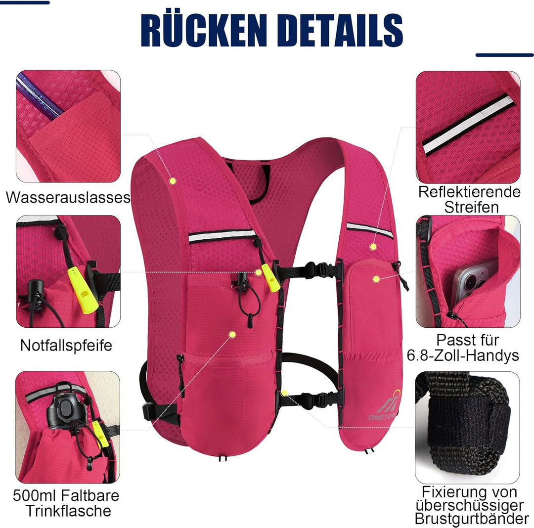 Laufweste Damen mit 500ml Trinkflasche/2L Trinkblase, Leichter Trinkrucksack Laufen Herren 6L, Runin