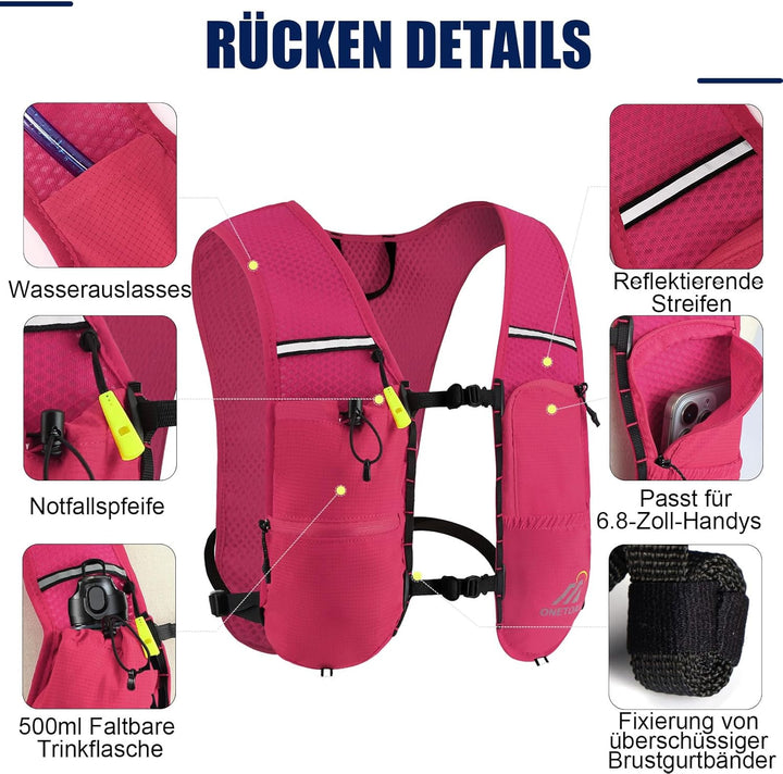 Laufweste Damen mit 500ml Trinkflasche/2L Trinkblase, Leichter Trinkrucksack Laufen Herren 6L, Runin