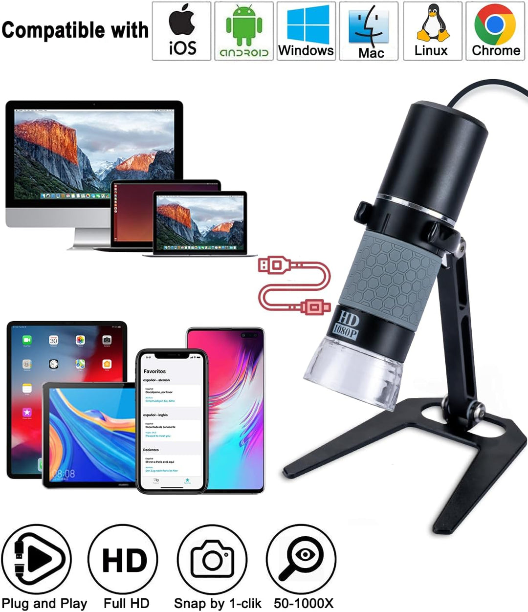 Jiusion 1080P USB Digitales Handheld Mikroskop, 50 bis 1000X Vergrösserung Endoskop Full HD 1920x108