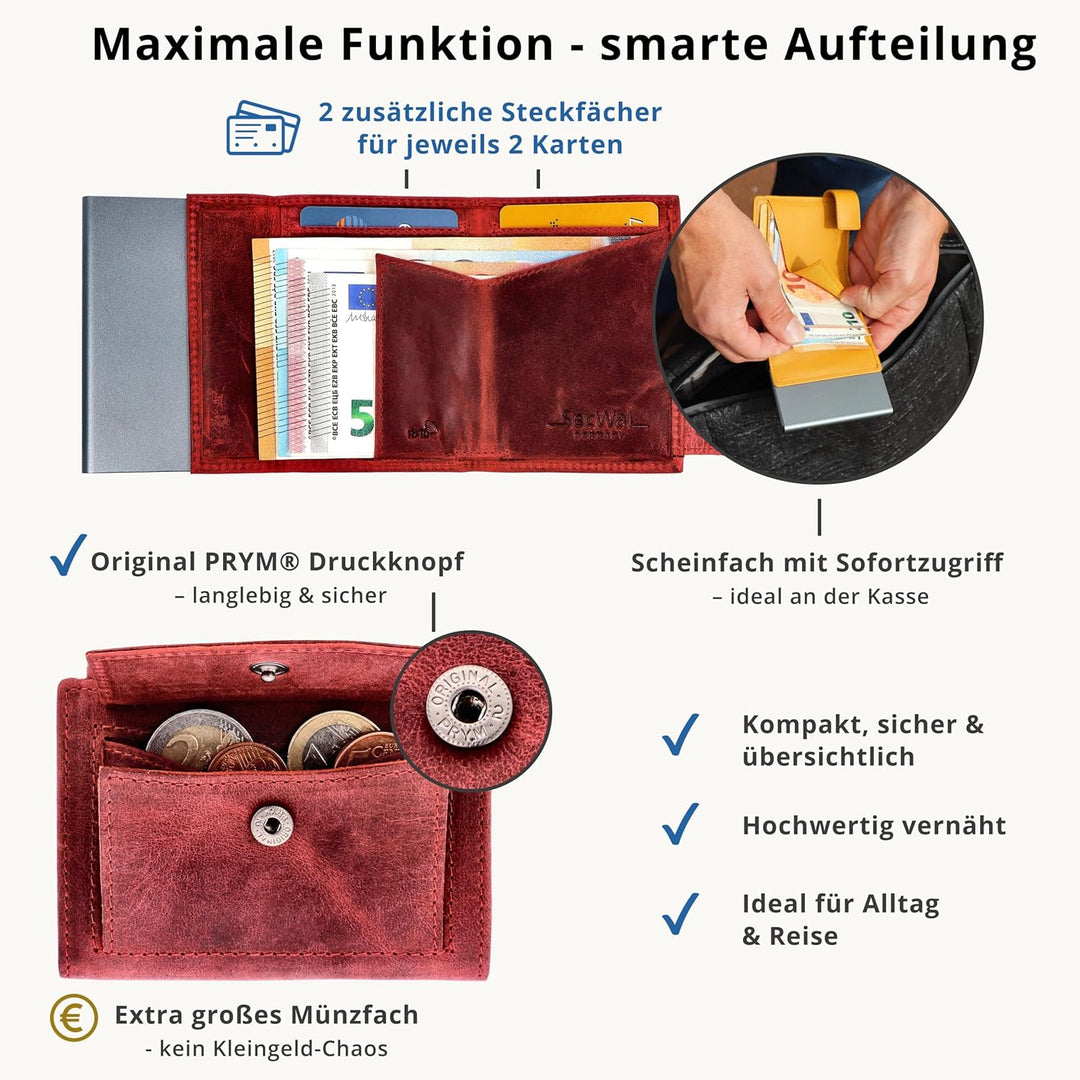 SecWal Kartenetui mit Münzfach Druckknopf inkl. Geschenkbox - Made in Germany - Echtleder Mini Geldb