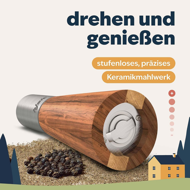 kjøk Premium Salz und Pfeffer Mühle Edelstahl und massives Akazienholz mit Untersetzer, Reinigungsbü