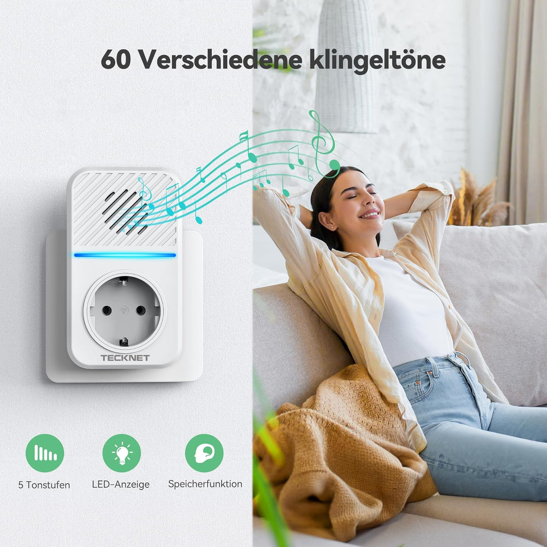 TECKNET IP65 Funkklingel Batterielosel IP65 400M mit 3 EU-Steckdosen 6 USB | 60 Melodien, 5 Lautstär