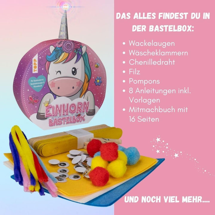 Einhorn-Bastelbox. Mit Anleitungen, Bastelmaterial und Mitmachbuch: 8 Anleitungen, buntes Bastelmate