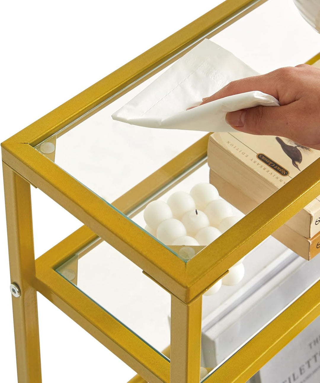 IBUYKE Beistelltisch,Glastisch mit Zeitschriftenhalter,3 Etagen,Schmaler Beistelltisch mit Lagerrega
