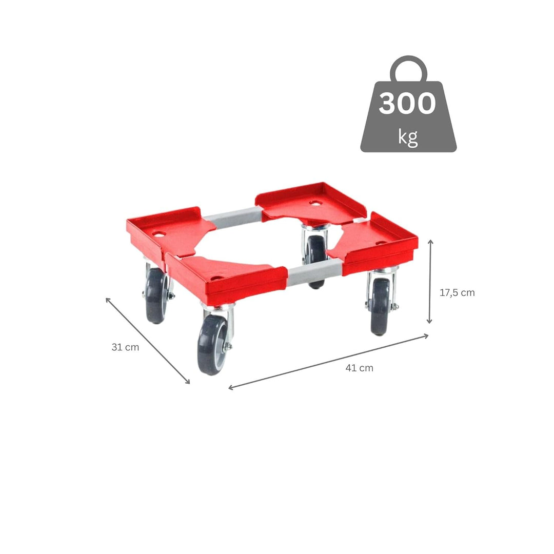 PROREGAL SparSet 2X Profi-Flex Transportroller für Euroboxen 40x30cm mit Gummiräder rot | 4 Lenkroll