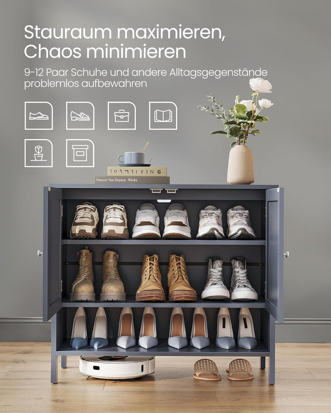 VASAGLE Schuhschrank, Schuhregal, Schuhaufbewahrung, moderner Landhausstil, freistehender Schrank mi