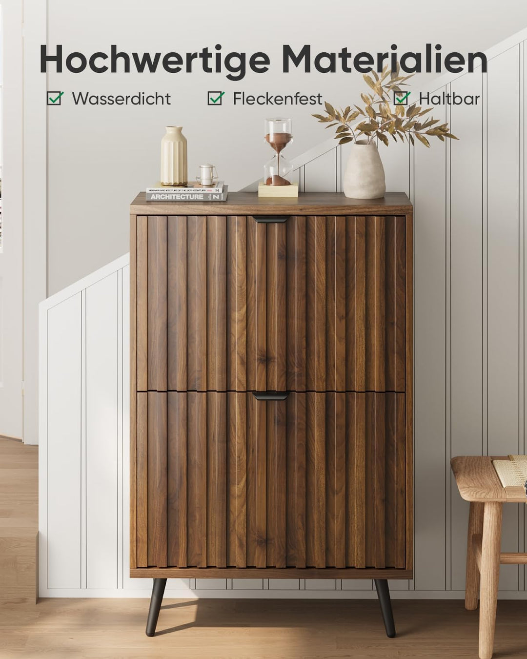 Schuhschrank, 60x24x94 cm, Walnussfarbe, 2 Klappen, 4 verstellbare Fächer, für 8-12 Paar Schuhe