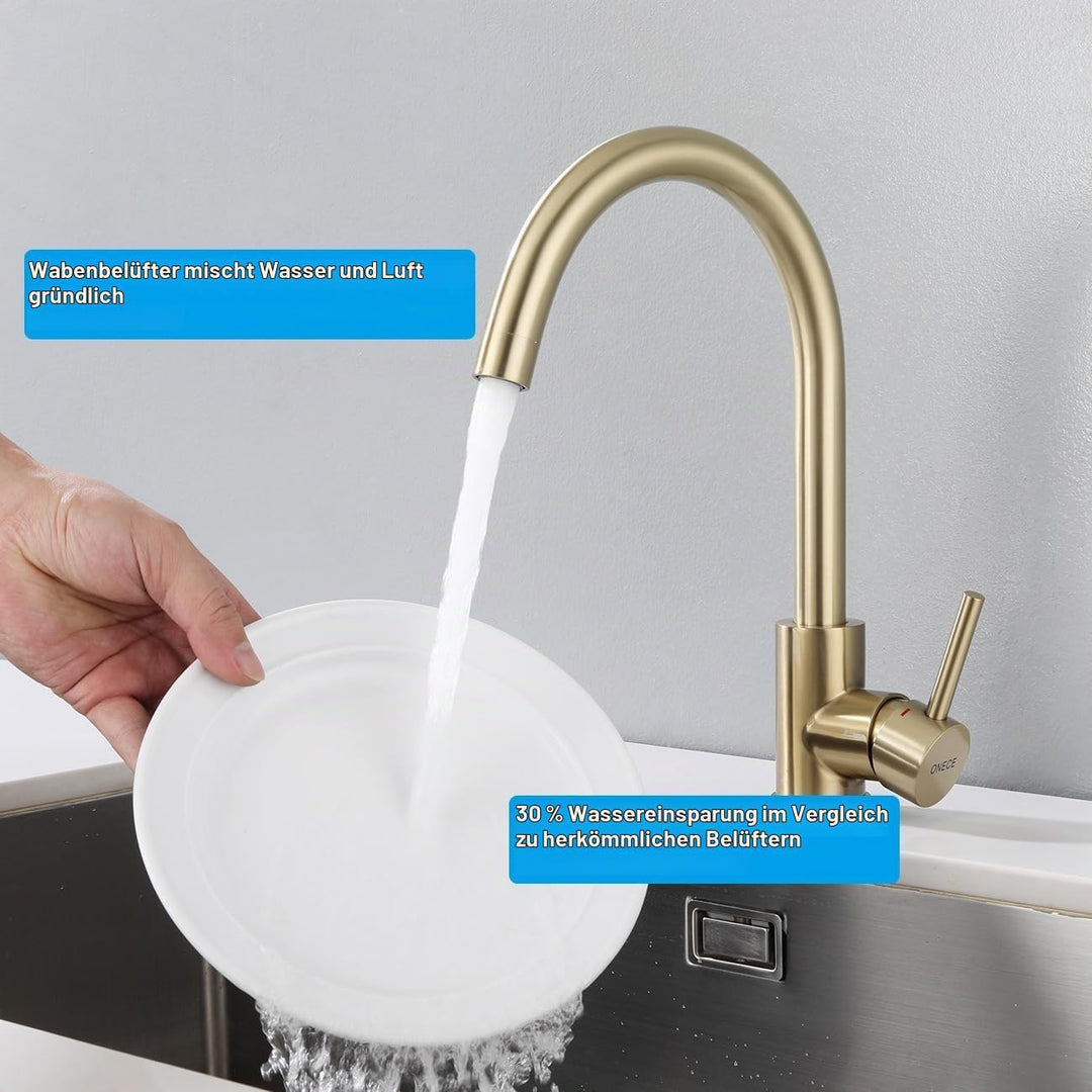 ONECE Gold matt Küchenarmatur mit 360° drehbar Auslauf, Hochdruck Wasserhahn Küche Spültischarmatur