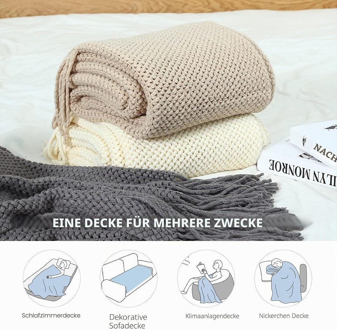 LumiSyne Strickdecke Mit Quaste Atmungsaktiv Zellulare Decke Nordisch Stil Weich Kuscheldecke Überwu