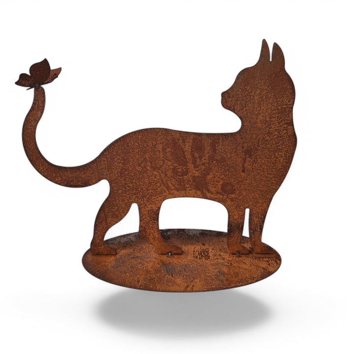 Bornhöft Gartendeko Gartenstecker Katze mit Schmetterling, Edelrost Rost-Optik Metallfigur, Gartensk