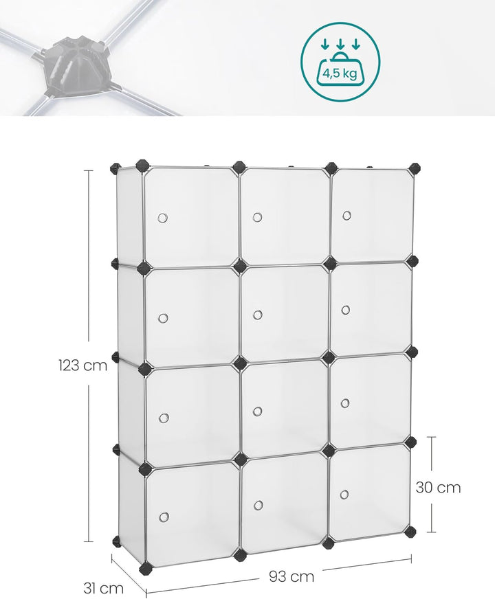 SONGMICS Regalsystem, Schuhregal, Set aus 12 Würfeln, Kleiderschrank aus Kunststoff, mit Türen, Stec