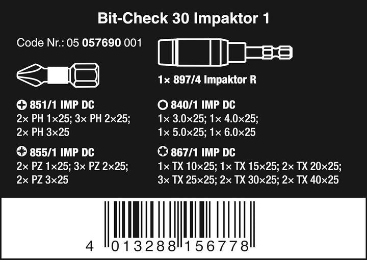 Wera Bit-Sortiment, Bit-Check 30 Impaktor 1, 30-teilig, 05057690001 & 05022210001 950/9 Hex-Plus Mul