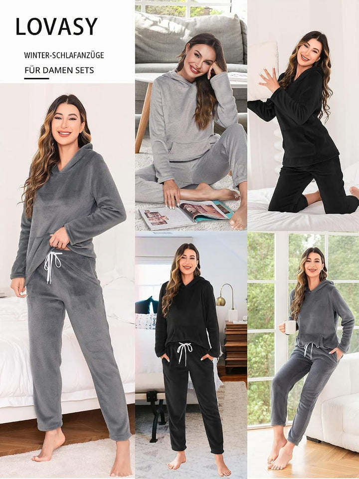 Lovasy Fleece Schlafanzug Damen Lang Winter Warmer Pyjama Set Flauschiger Frottee Schlafanzüge für D
