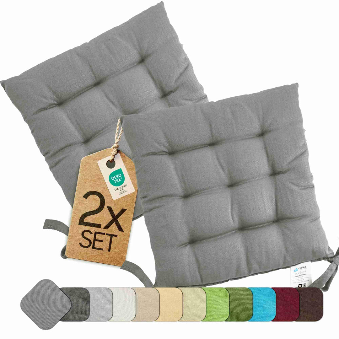 etérea 2er Set Sitzkissen Outdoor 40x40 mit Bändern - Stuhlkissen Grau für Gartenstuhl &amp; Innenbereic