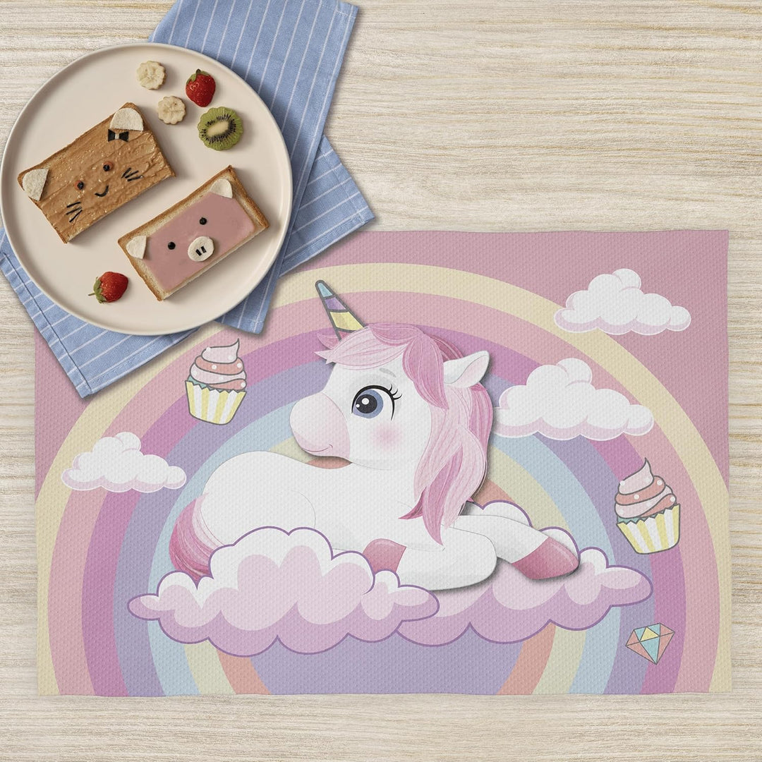 Tischsets für Snacks, Schule, Mädchen, 30 x 45 cm, Tischset aus Stoff, für Mädchen Einhorn und Regen