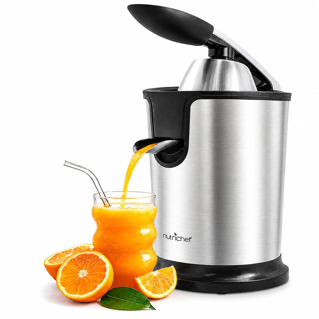 NutriChef Elektrische Zitruspresse, 160 W Orangenpresse aus Edelstahl mit Hebelarm – Leistungsstarke
