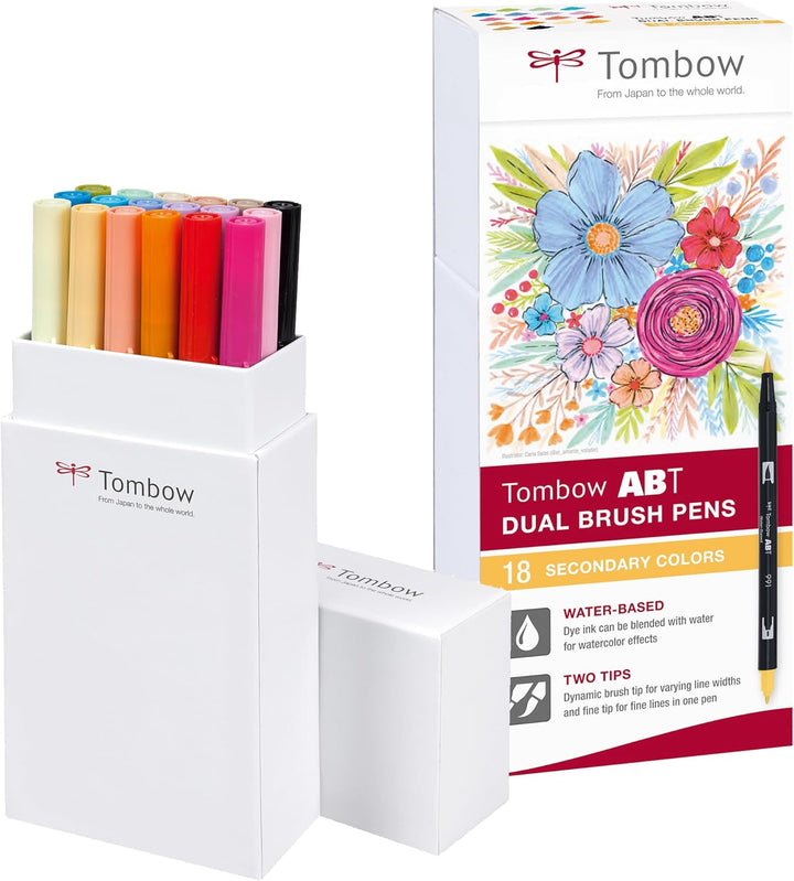 Tombow ABT-18P-2 Fasermaler Dual Brush Stift mit zwei Spitzen, 18er Set, Sekundärfarben 18er-Set Sek