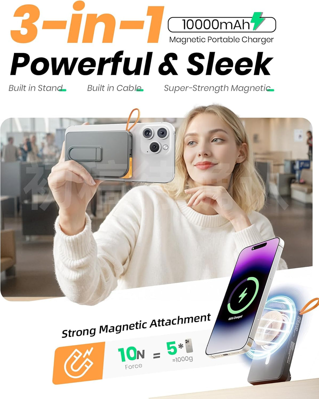 Power Bank für MagSafe iPhone 10000mAh, 3 in 1 Magnetische Schnellladen PowerBank for i-Phone 17/16/