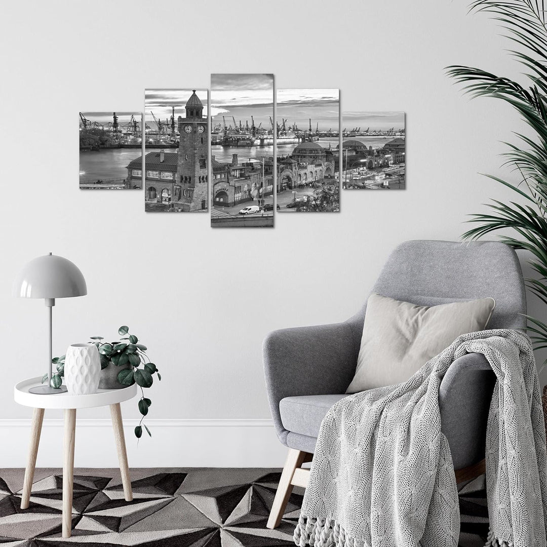 Runa Art Wandbilder Hamburg 5 Teilig Bild auf Vlies Leinwand Deko Wohnzimmer Schlafzimmer Hafen Schw