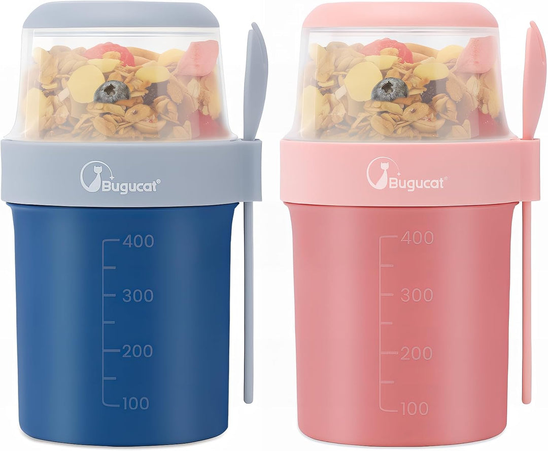 Bugucat 2in1 Müslibecher to Go 560ml+310ml, Praktischer Joghurtbecher & Müslibecher für Picknick 2er