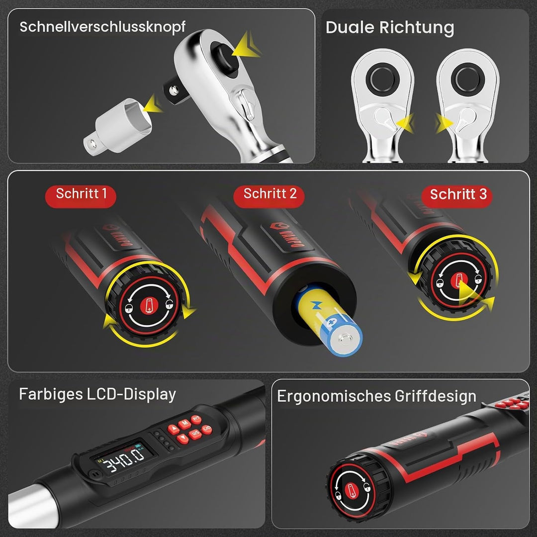 VANPO Digitaler Drehmomentschlüssel 1/2 Zoll, 17-340 Nm, ±2% Genauigkeit, elektronischer Drehmoments