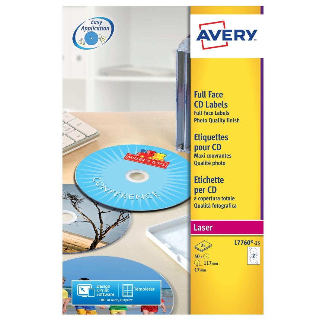 CD -Etikett Avery 117mm Fullizarce White 25 Vel 2 Etiketten pro Blatt