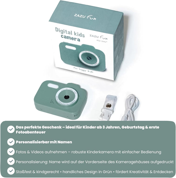 Personalisierbare Digitalkamera Kinder Grün – robuste Kinderkamera mit Fotos & Videos – für Kinder a