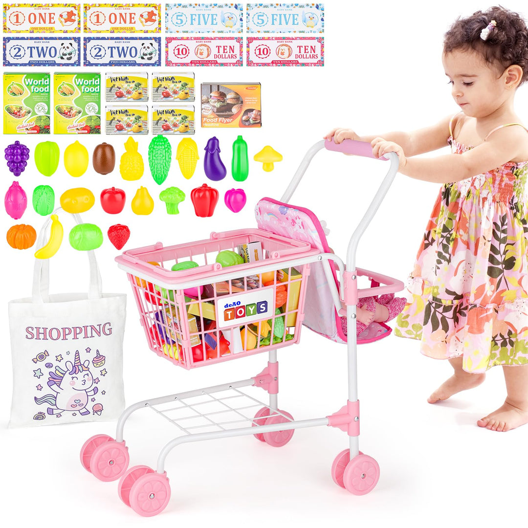 deAO Metall Einkaufswagen für Kinder, 47 Stück Einkaufswagen Supermarkt Kinder mit Einkaufstasche au
