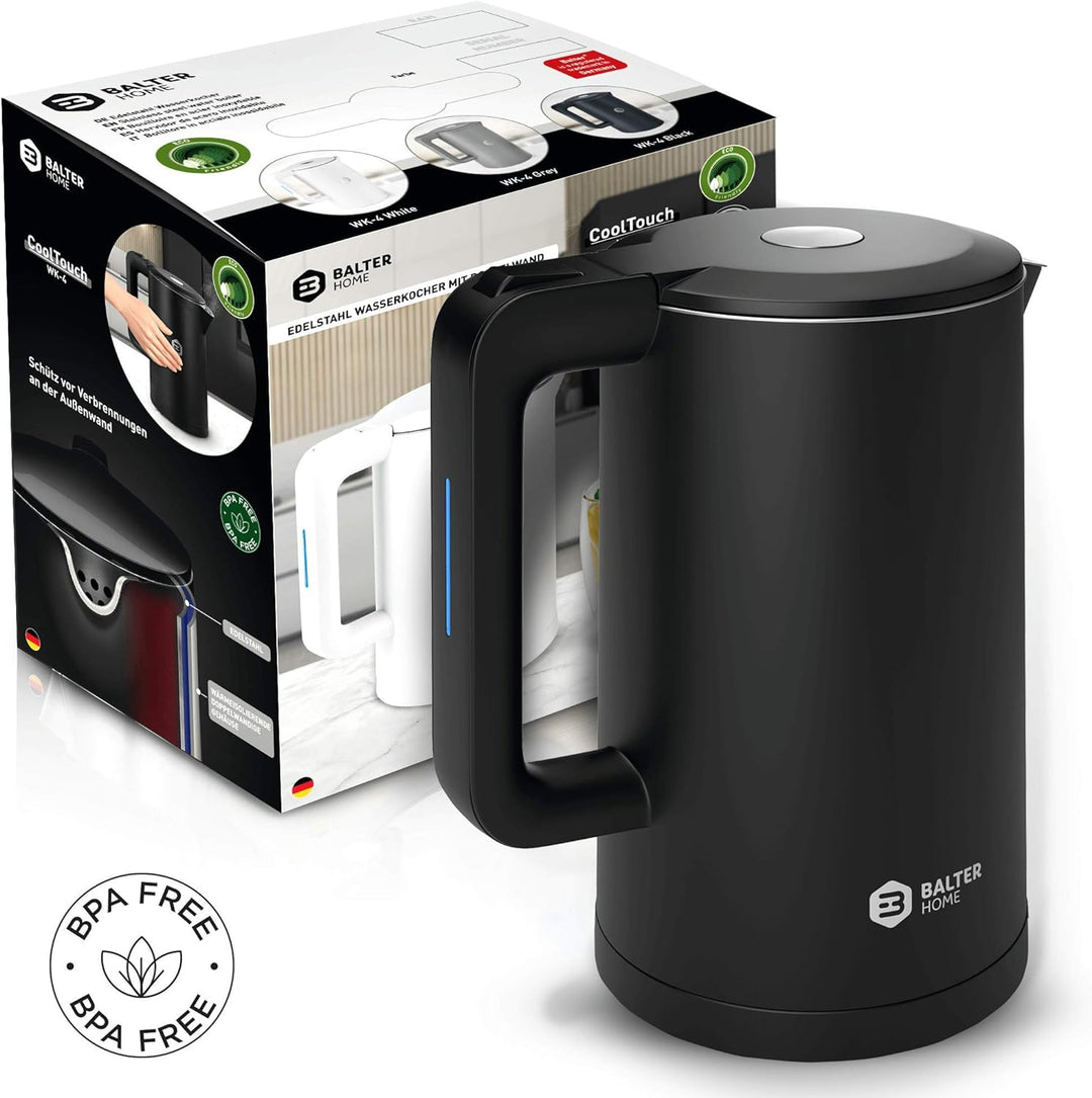 Balter Wasserkocher Edelstahl WK-4, 1,7 Liter, elektrischer Wasserkocher, Doppelwand Design, BPA fre