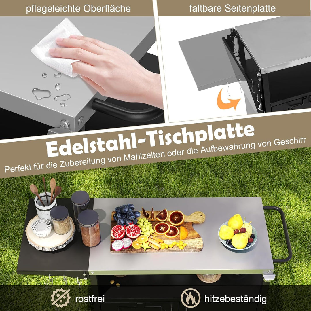 COSTWAY Grillwagen Outdoor, Grilltisch mit Edelstahlplatte, klappbarem Seitentisch, Schrank, 6 Haken