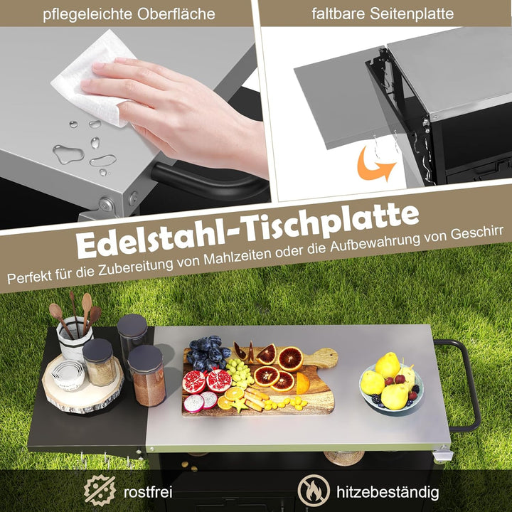 COSTWAY Grillwagen Outdoor, Grilltisch mit Edelstahlplatte, klappbarem Seitentisch, Schrank, 6 Haken