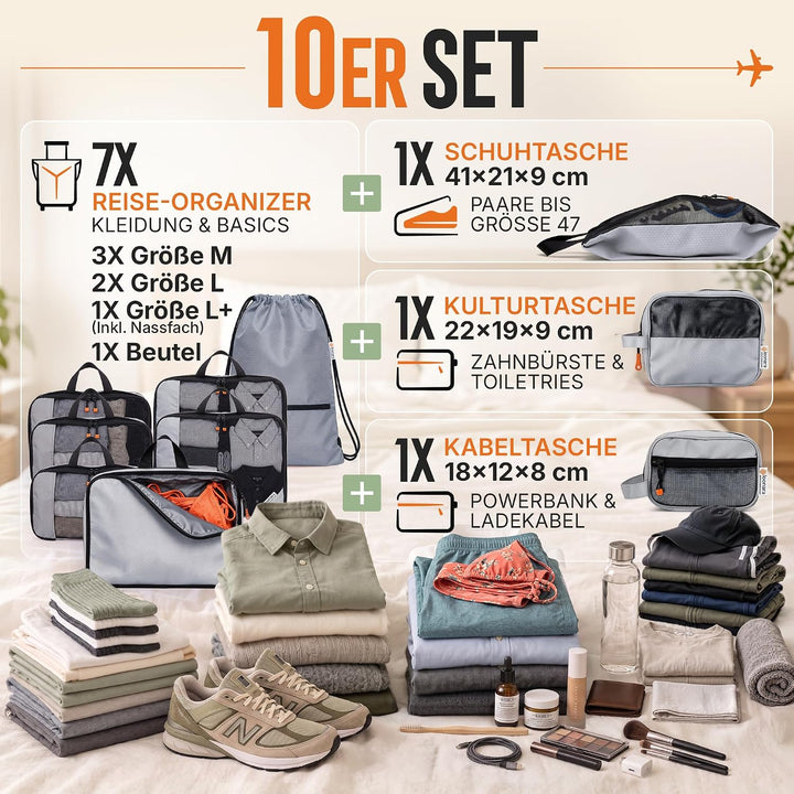 Compression Packing Cubes Set - Packwürfel Koffer Organizer Set Kompression Schwarzes 10-teilig, Sch