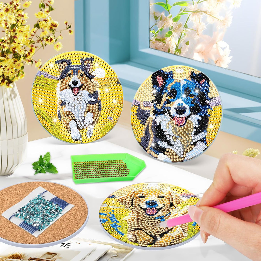 8 STK Diamond Painting Untersetzer Hund mit Halter, Diamond Painting Hund, Diamant Painting Bilder E