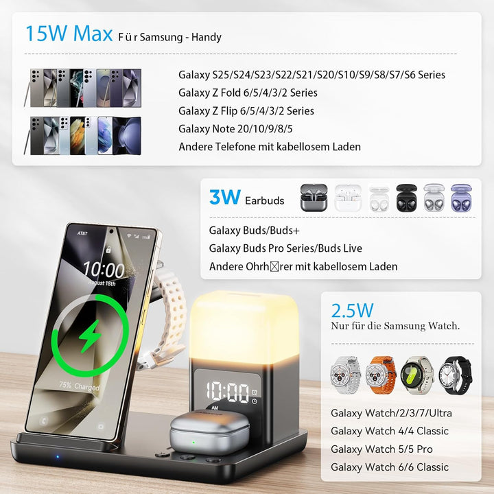 6 in1 Upgradierter Induktive Ladestation für Samsung mit Wecker & 3-Farben-Licht | Wireless Charger