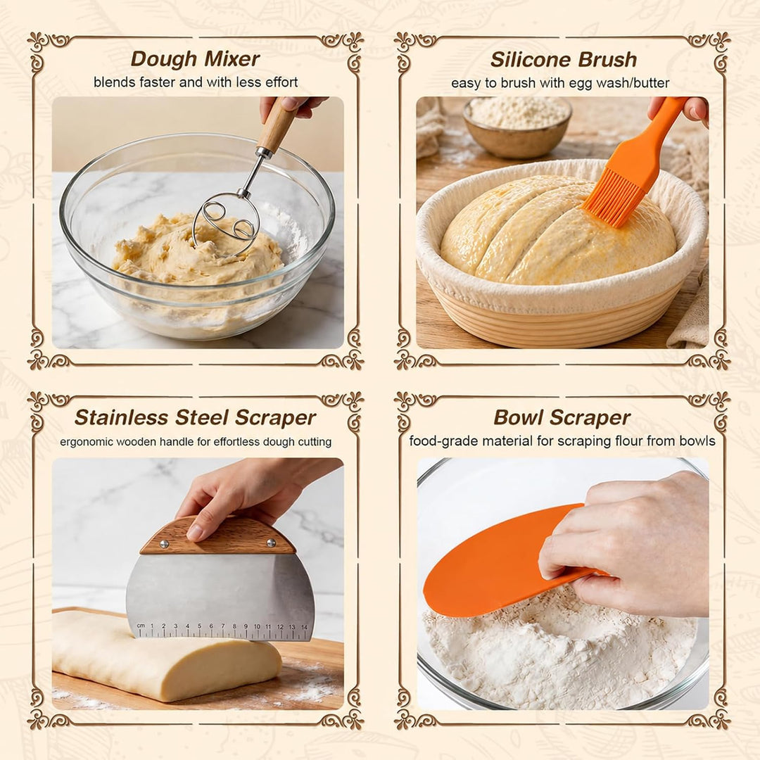 Sauerteig Starter Set Komplett Gärkörbchen Rund &amp; Oval aus Rattan | Teigbesen &amp; Schaber, Starterglas