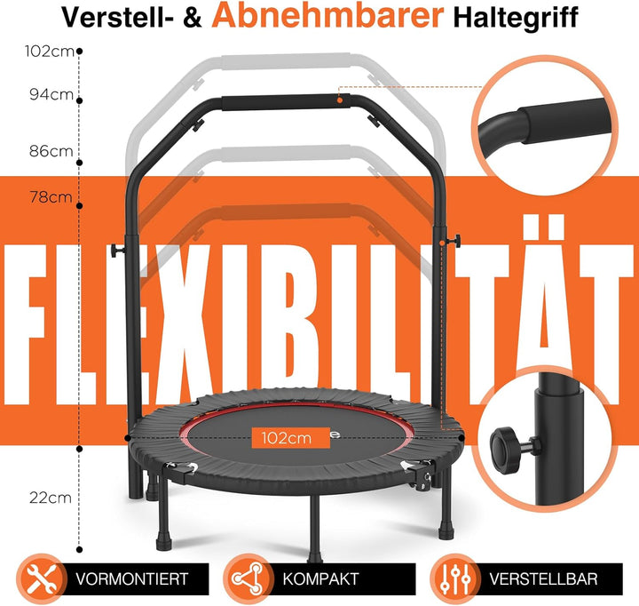 DH FitLife Fitness Indoor Trampolin klappbar ohne Installation | Ø102cm 40 Zoll Mini Trampoline | Tr