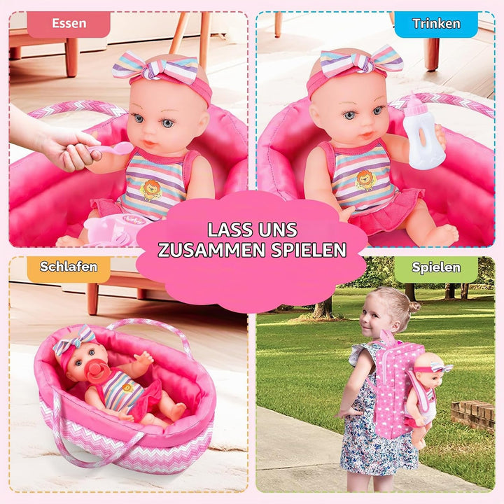 deAO 12”Baby Puppe, Spielpuppe mit Backbag, Handheld-Halterung, Tragbarer Schulranzen, Puppenkleidun