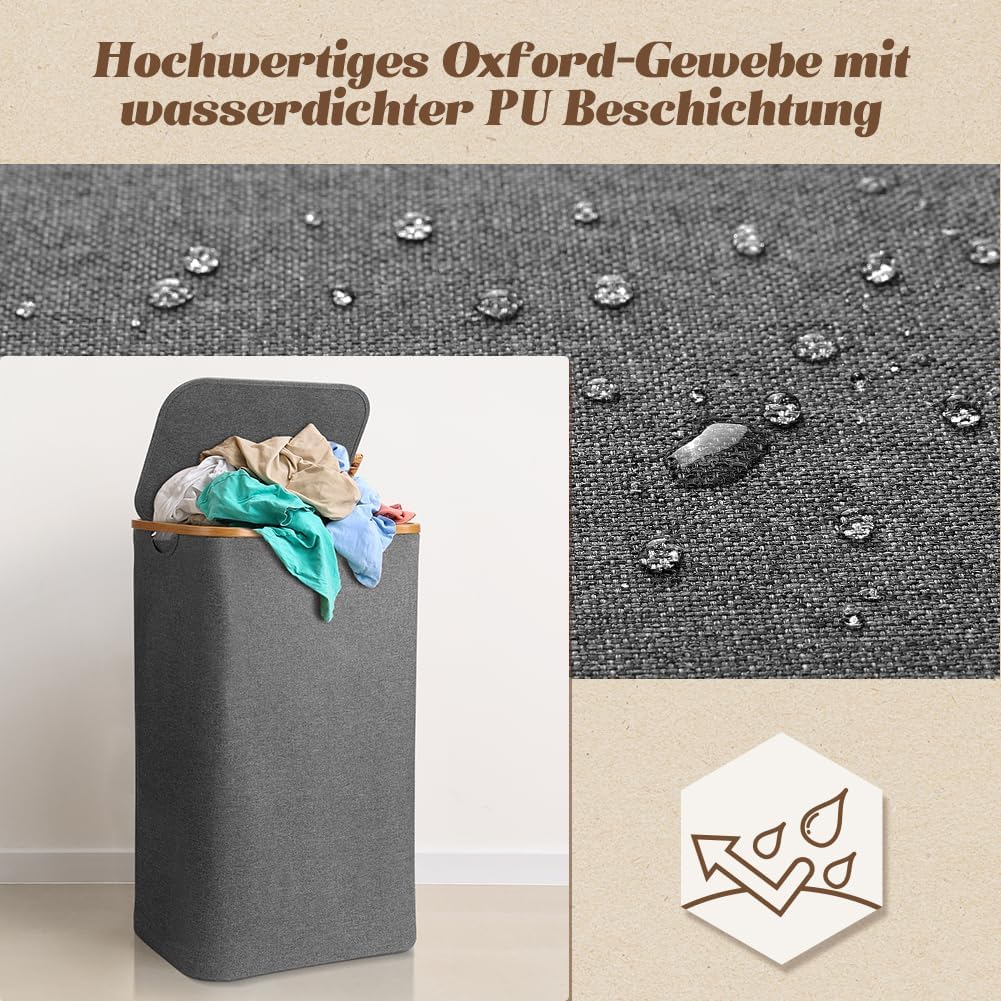 OUSFOT Wäschekorb mit Deckel 105L Wäschesammler faltbar aus 600D Oxford-Gewebe mit Abnehmbarem Wäsch