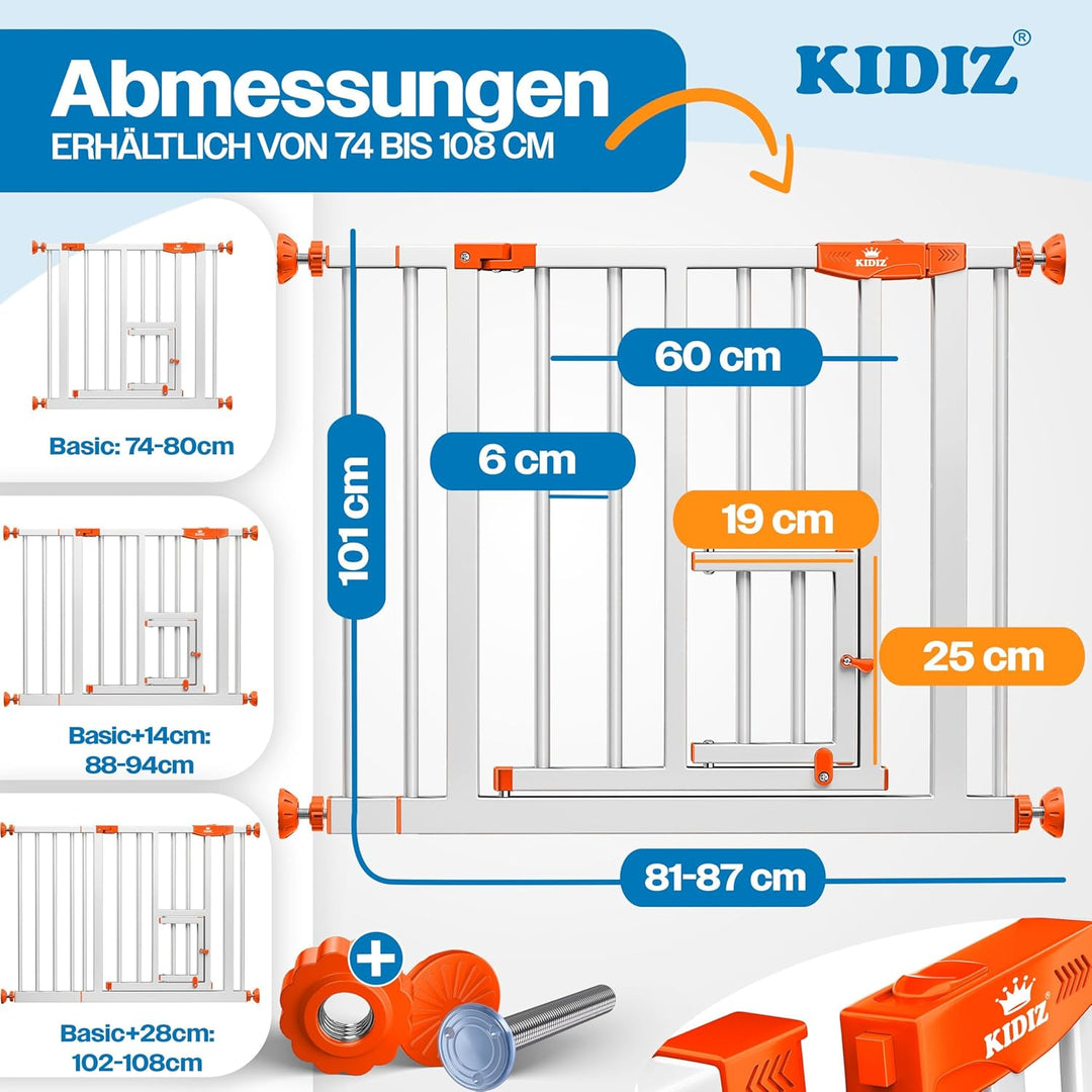 KIDIZ Absperrgitter zum Klemmen mit Katzenklappe, Türschutzgitter, Autoclose Kinder Treppengitter oh