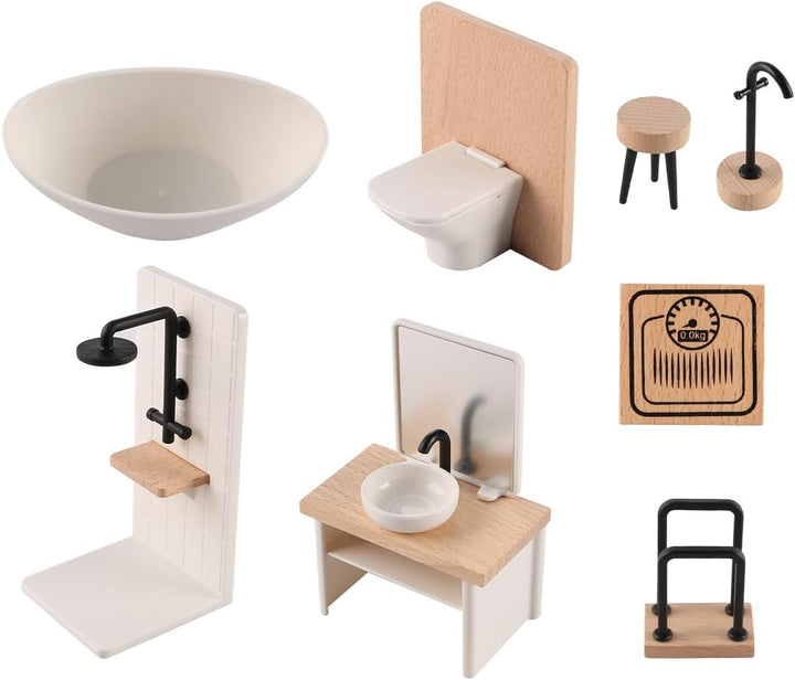 Sarini Puppenhaus Badezimmer Set Miniatur Simulation Modell Toilette Badewanne Holz Badezimmer Schra