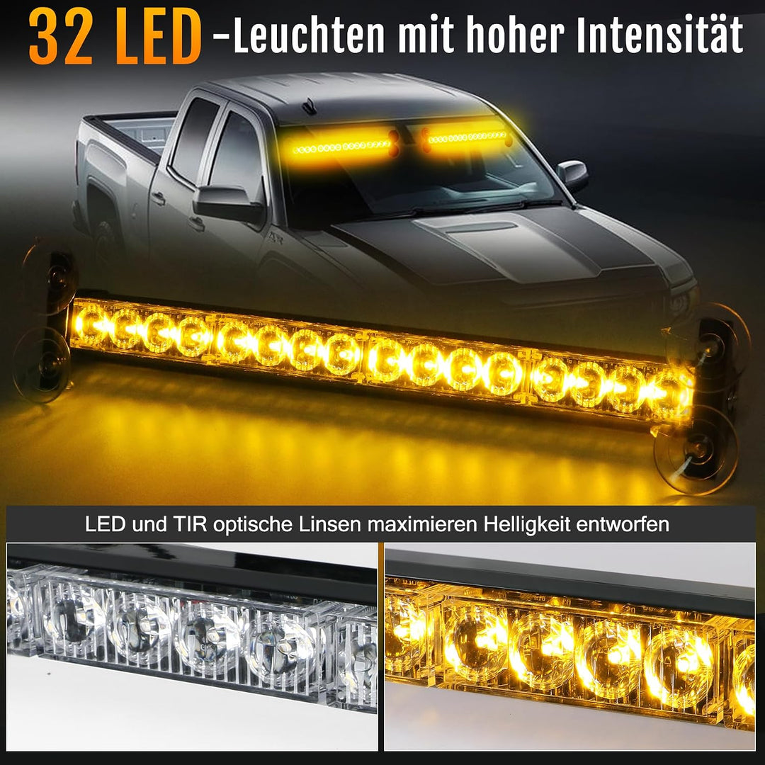 ROUTEKING 12V/24V Warnleuchte 32 LED Frontblitzer - 23 Modi Blitzleuchte 2x42.6cm Starker Rundumleuc