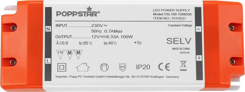 Poppstar LED Trafo Transformator 230V AC / 12V DC 8,33A für 1W bis 100 Watt LEDs 12V DC 8.33A 100W,