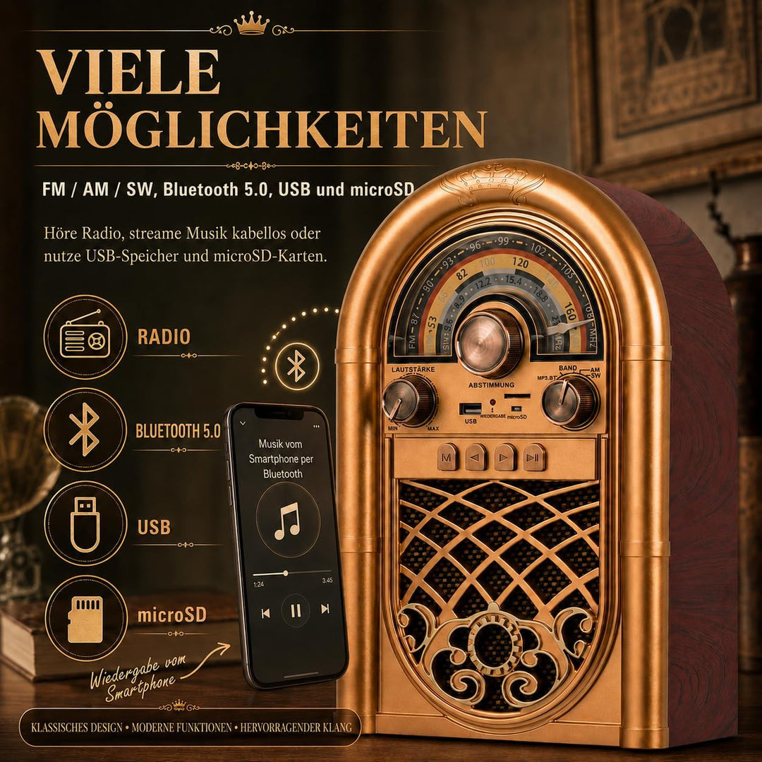 Retropolis New Orleans – Retro Radio mit Bluetooth 5.0, Tragbares Radio FM/AM/SW, 1200mAh Akku, USB/