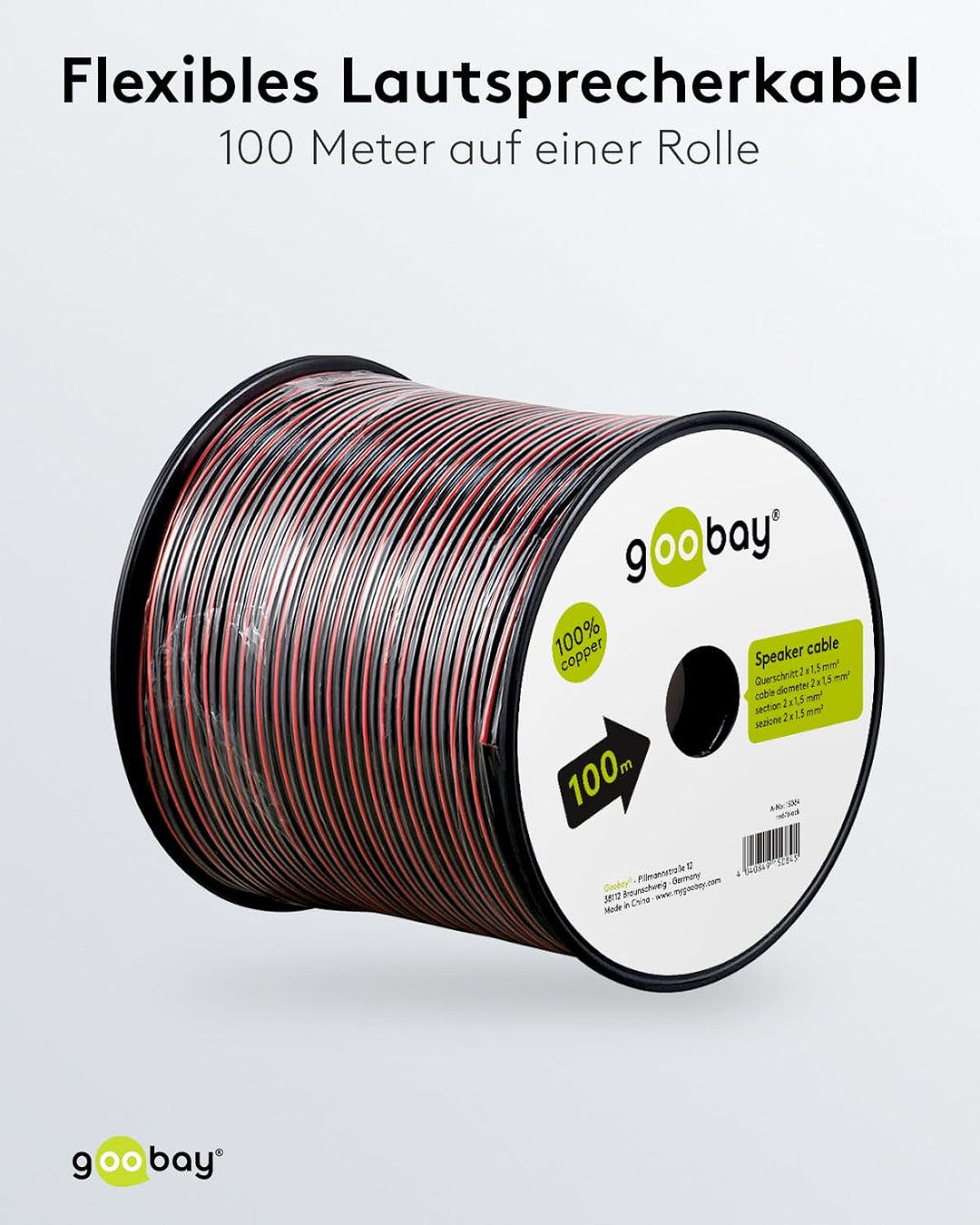 Goobay 15084 Lautsprecherkabel 2x1,5 mm² Kupfer Litze / Boxenkabel Audio Kabel Meterware / Speaker C