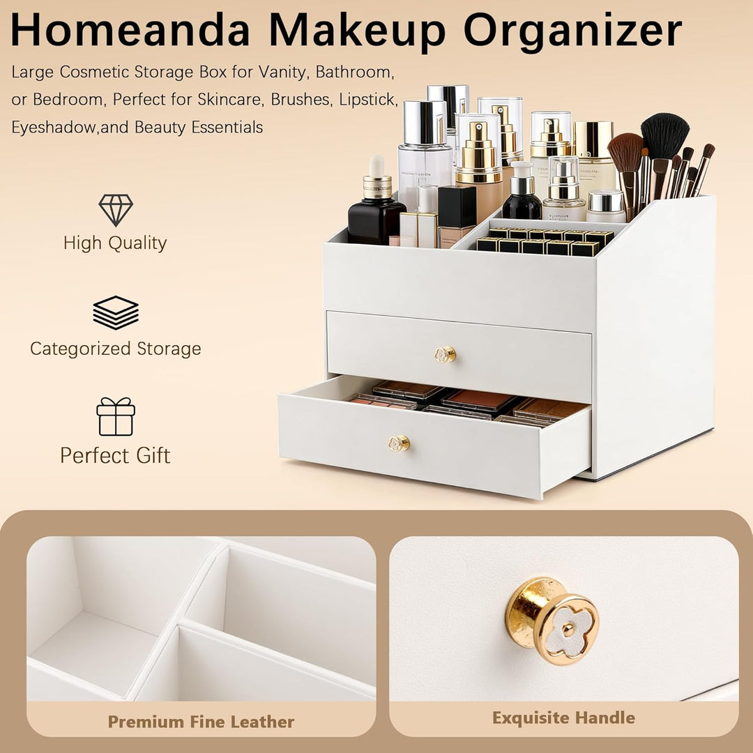 Homeanda Make-up-Organizer aus Kunstleder mit 2 Schubladen – Schreibtisch-Organizer für Kosmetik, Li