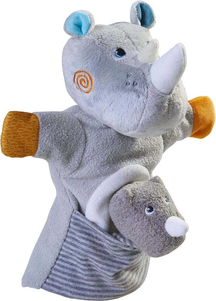 HABA 305755 - Handpuppe Nashorn mit Baby, Handpuppe ab 1.5 Jahren, bunt