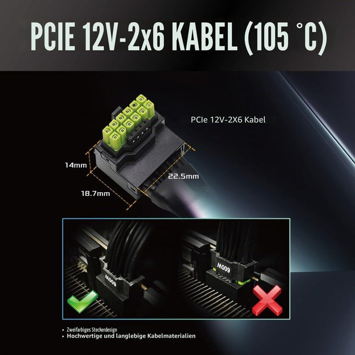 ASRock 12 V-2 x 6, 600 W Stromkabel, ATX 3.1 und PCIe 5.1, L-förmiger GPU-Stecker, 16 AWG HCS-Termin