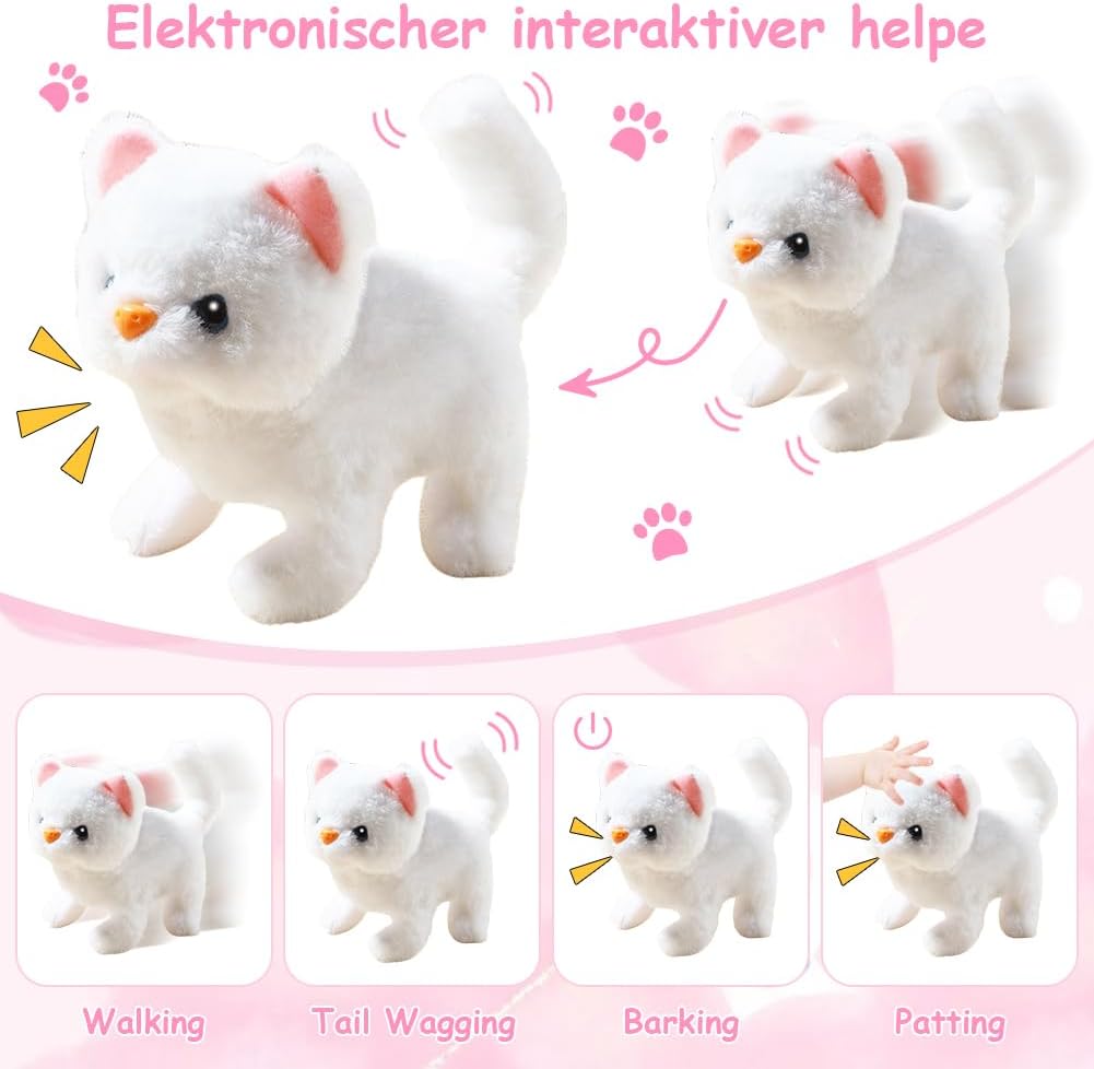 Interaktive Plüschkatze, Elektronisches Haustier, Läuft, Bellt, Schwanzwedeln, Kuscheltier, Geschenk