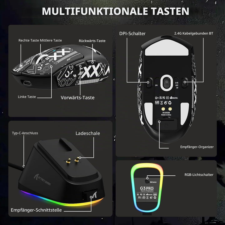 ATTACK SHARK G3PRO Kabellose Gaming-Maus mit Magnetischer Ladestation, PixArt PAW3311-Sensor, Bis zu