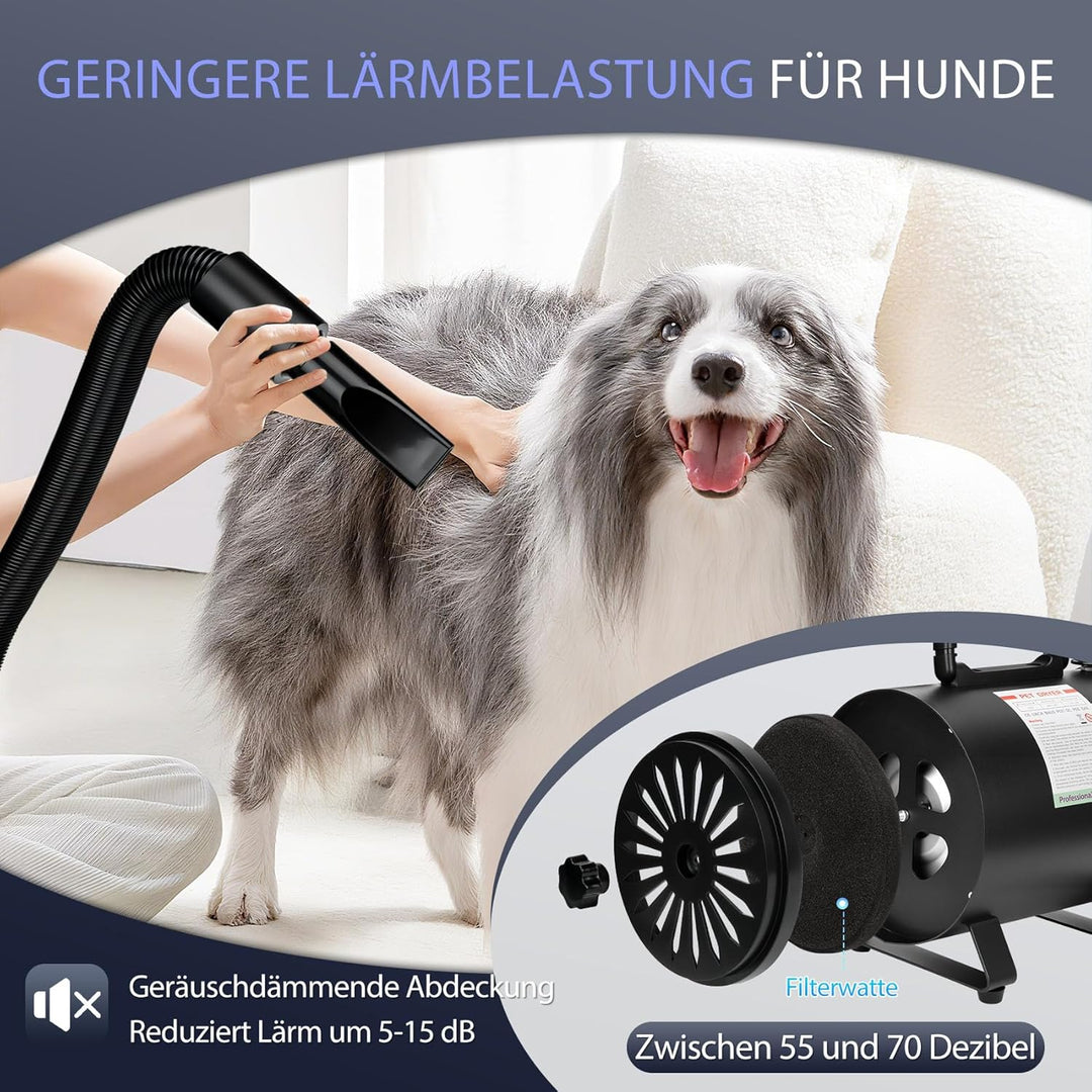 Hundefön 4,3PS/3200W mit 3 Temperaturstufen, stufenlos regelbarem Luftstrom und 5 Aufsätzen – Profes